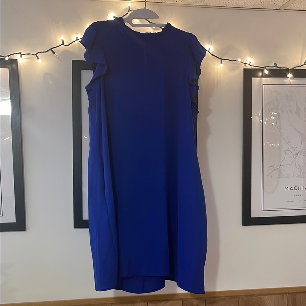 mts Blue Ribbed Sheath Dress with Flutter Sleeves for Cocktail